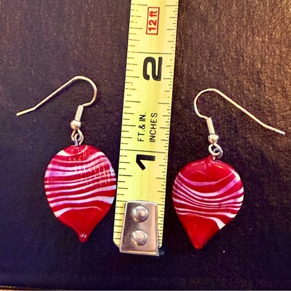 Glass red and white striped hand made drop earrings. - Picture 3 of 4